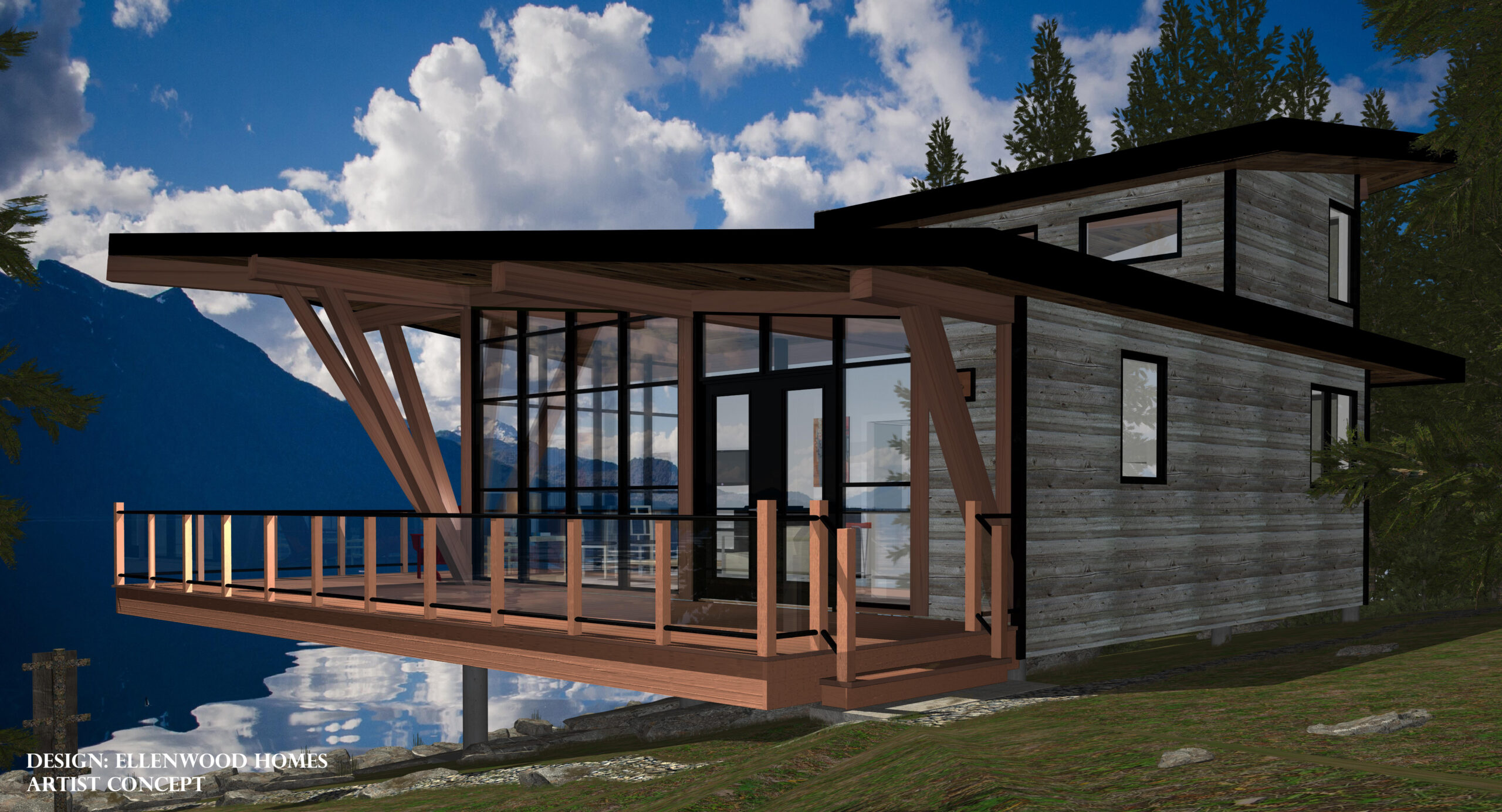 Floor plan and digital rendering for a modern style cabin with loft